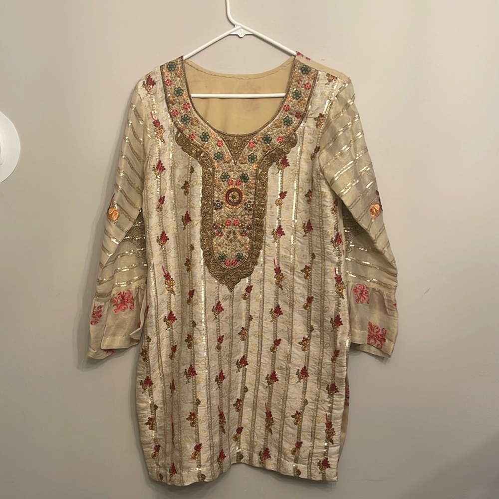 Beige/Golden Embroidered Shirt, Dubatta, and Trouser